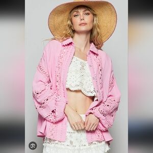 POL Pink Lace Button-Up Blouse Oversize